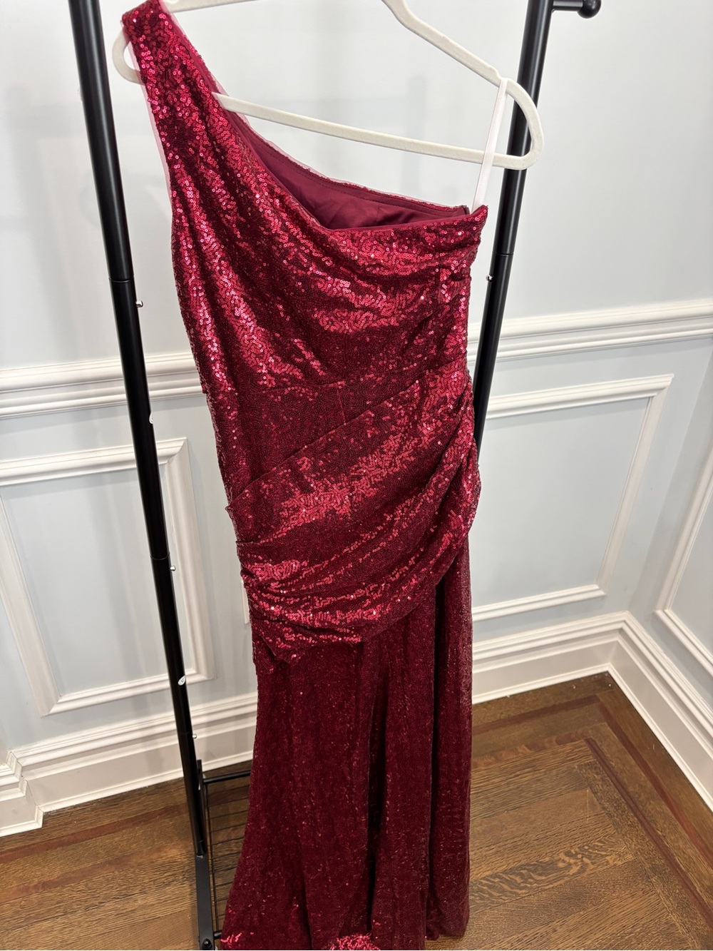 One-Shoulder Sequin Evening Gown - Burgundy